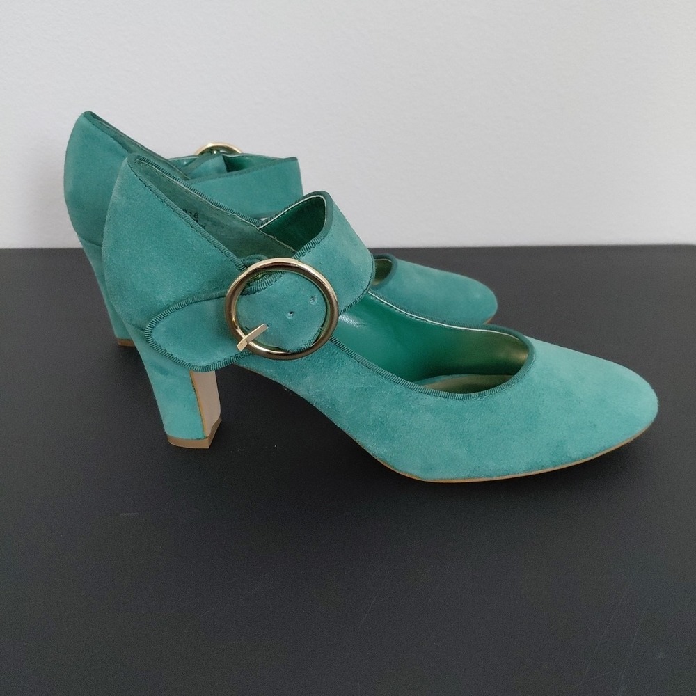 Hot in Hollywood Heel Shoes Teal Mary Janes Round Buckle Suede 9W Leather Preppy